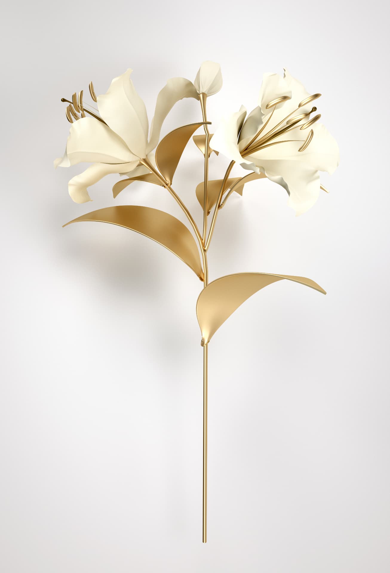 Arte branco e dourado: lírios em creme com caule e folhas dourados sobre fundo claro