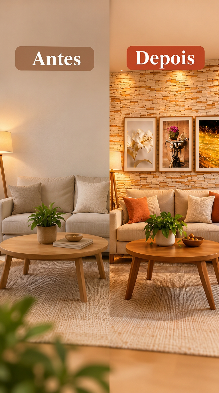 Sala antes e depois: à esquerda, parede lisa sem quadros e sofá bege com almofadas neutras; à direita, parede de pedra texturizada com três quadros pendurados (lírio branco, bicicleta com flores e arte dourada) e sofá com almofadas terracota